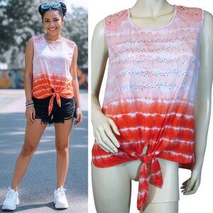 Vintage Y2K NWT B.L.E.U. Orange Tie Dye Tank Top P L Made USA Crochet Bling Boho